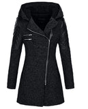 Women’s Warm Slim Wool Coat – Thick Full-zip Hooded Winter Windbreaker with Diagonal Zipper