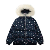 Winter New Cute Full Printed Fur Collar Hood Cotton Jacket