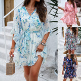 Summer Floral Print Short Sleeves Frock, Lace-up Ruffles Design Fashion V-neck Short Dresses, Women's Clothing