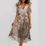 Chiffon Printed Short Sleeve Dress, Summer Elegant V-neck Frock, Women's Clothing