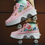 Transformable Boots with Four Wheels, Dual-use Double-row Heelys Roller Skating Shoes