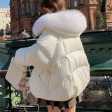 Down Cotton-padded Jacket, Women's Short Fur Collar Thickened Coat, Winter Clothing