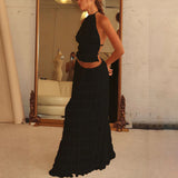 2 Pcs Women's Dress Suit, Sexy Sleeveless Backless Cropped Halter Top and Pleated Long Gown