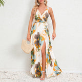 V-neck Floral Print Long Dress, Summer Fashion Waist Tie Slit Design Sleeveless Gown for Women