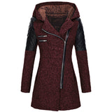 Women’s Warm Slim Wool Coat – Thick Full-zip Hooded Winter Windbreaker with Diagonal Zipper