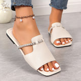 Fashion Rhinestone Strap Design Sandals, Summer New Square Toe Low Heel Slippers for Women, Casual Slides Beach Shoes