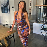Fashion Printed, Lace Up Sexy Halter, Midi Skirt