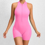 Zippered Yoga Fitness Shorts Jumpsuit, Sleeveless Tummy Control Stretch Shapewear, Butt Lifting Sportswear for Women