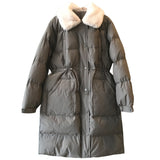 Rabbit Fur Collar, Waist Drawstring, Long Warm Cotton Jacket