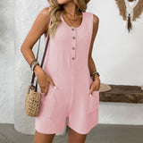 Summer Round Neck Casual Sleeveless Solid Color Short Jumpsuit with Pockets, Women's Turtle Neck Holiday Beach Shorts