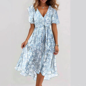 Chiffon Printed Short Sleeve Dress, Summer Elegant V-neck Frock, Women's Clothing