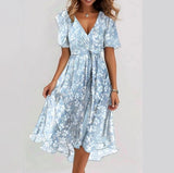 Chiffon Printed Short Sleeve Dress, Summer Elegant V-neck Frock, Women's Clothing