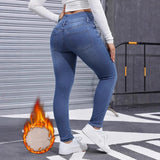Women's Multi-button Fleece Addition Denim Trousers
