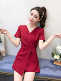 The New Small V-neck, High Waist, Thin Temperament Casual Wide-leg Shorts Jumpsuit