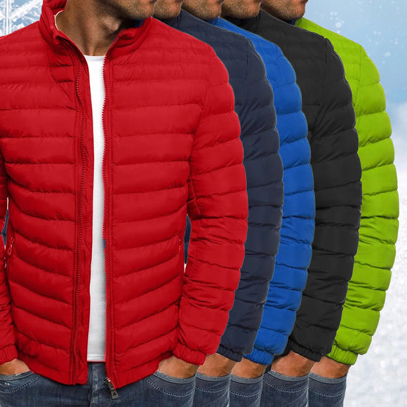 Men's Zippered Solid Color Long Sleeves Pockets Jacket, Coldproof Autumn Thicken Cotton Padded Overcoat