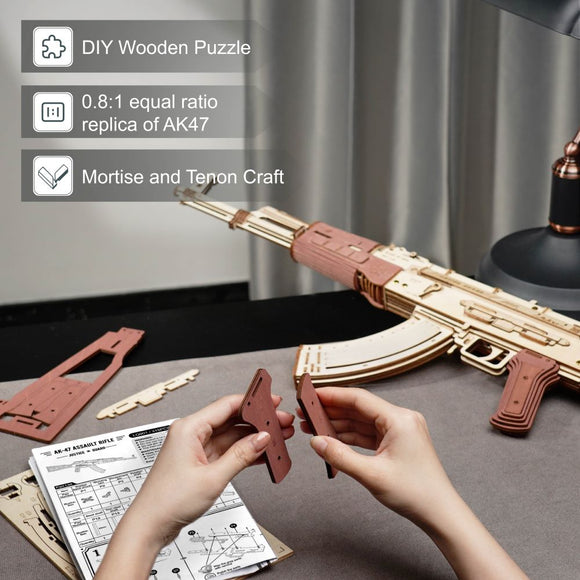 Robotime Rokr Automatic Rifle AK-47, 3D Wooden Assembly Gun, Double Firing Modes, Funny DIY Toys for Kids Adults, Justice Guar