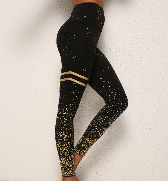 Gold Dot Striped Print Leggings, Fitness Butt Lifting Running Sport Gym Yoga Pants for Women, High Waist Slimming Tight Trousers