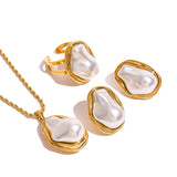 Fashion Jewelry, New Women's Stainless Steel Pearl Necklace, Earrings, Ring