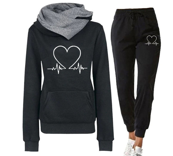 Love Heart Printed Sports Suit, Hooded Sweatshirt Top and Drawstring Pants, Fashion Casual Clothing for Women