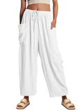 Stretched-waist Pleated High-waisted Wide-leg, Loose Casual, Cotton and Linen Long Pants