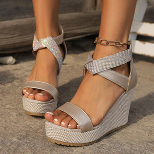 Fish Mouth High Wedges Sandals with Rhinestone Design, Fashion Summer Platform Shoes for Women