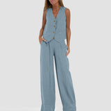 Summer Vest Suits, V-neck Bottom Sleeveless Top and Loose Straight Trousers, Casual Women's Clothing