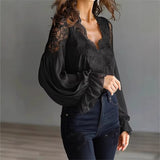 Women’s Lace Patchwork Pleated Shirt with Ruffle Shoulders
