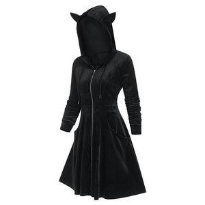Patchwork Gothic Style, Hooded Long Sleeve, Pleuche Cat Ear Dress