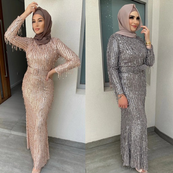 Sequin Tassels, Slim-fit Muslim Dress