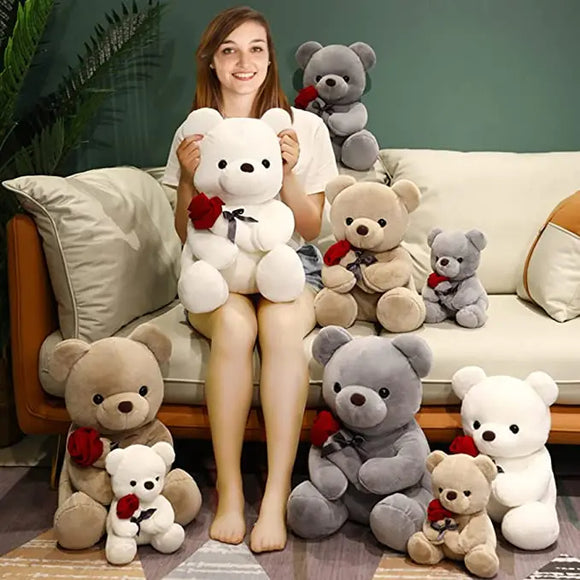 Lovely Hug Roses Teddy Bear Plush Pillow Stuffed Soft Animal Dolls, Nice Birthday Gifts for Girlfriends, Valentine's Day