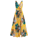 V-neck Floral Print Long Dress, Summer Fashion Waist Tie Slit Design Sleeveless Gown for Women