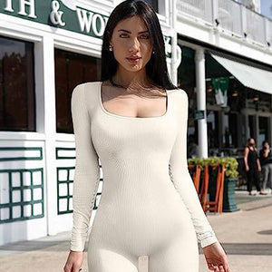 Women's Yoga Sports Fitness Jumpsuit, Workout Long Sleeve Square Collar Clothing