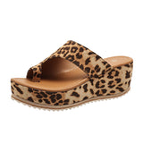Fashion Leopard Print Wedge Slippers for Women, New Thick-sole High Heel Flip Flops, Summer Outdoor Shoes