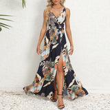 V-neck Floral Print Long Dress, Summer Fashion Waist Tie Slit Design Sleeveless Gown for Women