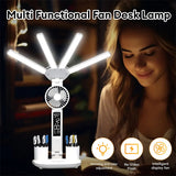 3-in-1 Multifunction Table Lamp LED Four-headed Folding Fan, USB Rechargeable Desk Light Calendar Clock