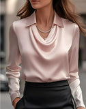 Women’s Satin Draped Swing Collar Blouse – Elegant Solid Long-sleeve Office Top for Spring