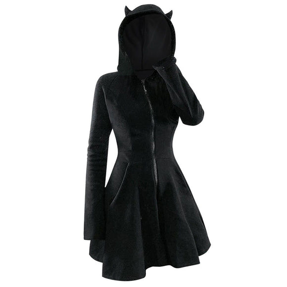 Patchwork Gothic Style, Hooded Long Sleeve, Pleuche Cat Ear Dress