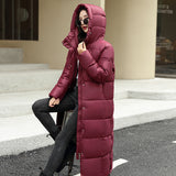 Women's Super Long Down Jacket, Puffer Thick Coat, Hooded Zippered Warm Fall Winter Casual Clothes