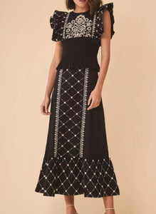 Summer European and American Fashion, Elegant Flowers Embroidered Flounced Sleeve, Top and Skirt