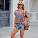Solid Color V-neck Lapel Short-sleeved T-shirt, Summer Loose Top, Women's Clothing