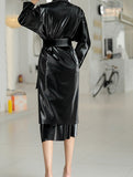 Women's Spring Two-piece Leather Skirt, Fashion Black Suit