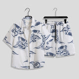 Hong Kong Style Retro Short Sleeve Printed Shirt + Shorts Set