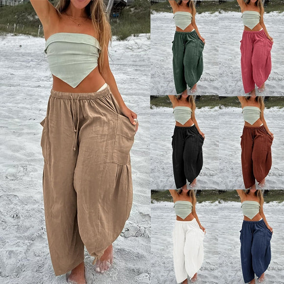 Stretched-waist Pleated High-waisted Wide-leg, Loose Casual, Cotton and Linen Long Pants