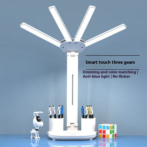 3-in-1 Multifunction Table Lamp LED Four-headed Folding Fan, USB Rechargeable Desk Light Calendar Clock