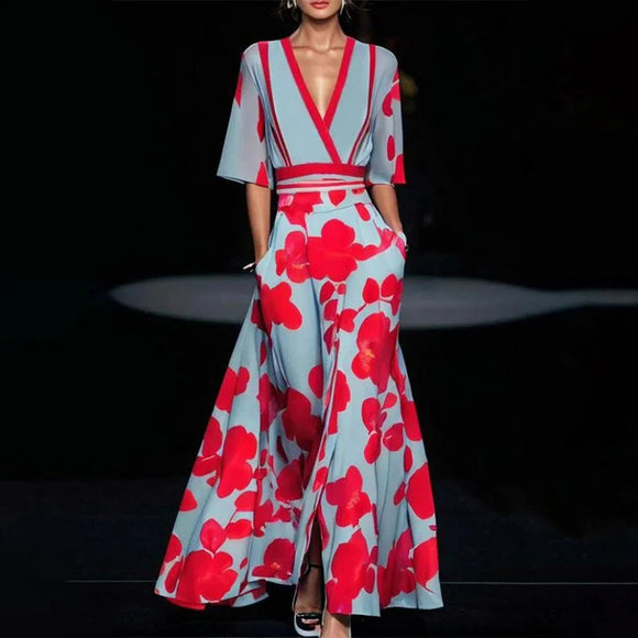 Summer V-neck Split Short-sleeved Fashion Flower Print A-line Long Dresses, Party Club Beach Clothing for Women