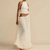2 Pcs Women's Dress Suit, Sexy Sleeveless Backless Cropped Halter Top and Pleated Long Gown