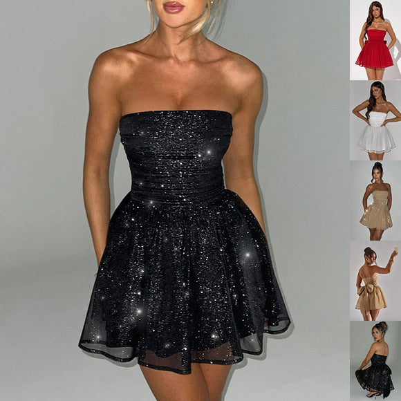 Tub-e Top Lace Dress with Back Bow-knot, Summer Fashion Temperament Mesh Stitching Off-neck Short Skirt