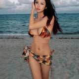 Sunset Brown Bikini, Wrap Three-piece Swimsuit Set