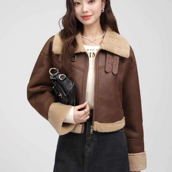 Stand Collar Integrated Lamb Fur Short Coat