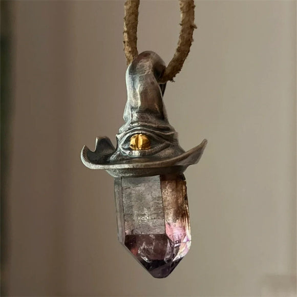 Retro Witch Hat, Amethyst Hexagonal Stone Necklace